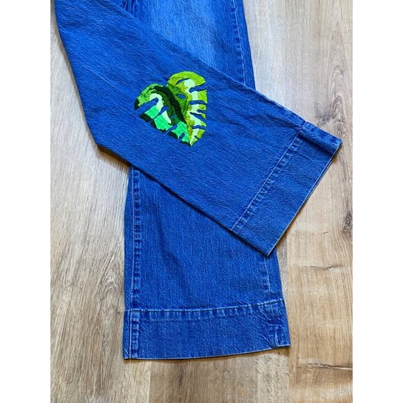 Gap Womens Wide-Leg Denim Jeans Size 27 Leaf‎ Embroidery Boho - Picture 3 of 9